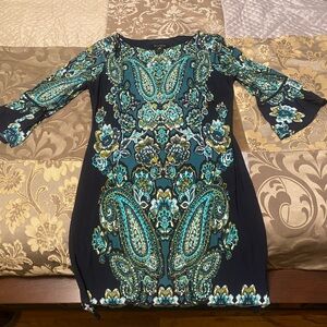 Enfocus Studio Teal and Olive paisley Patterned on Navy Dress